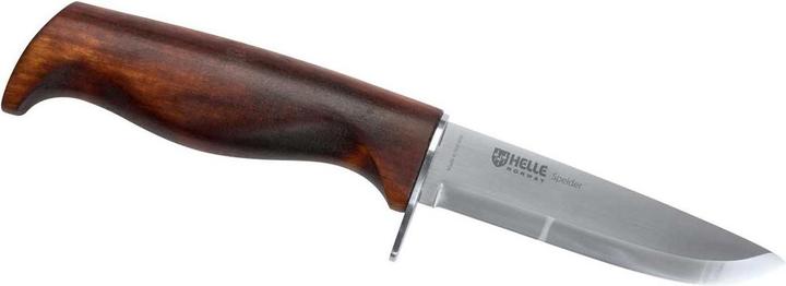 Actual product image Helle Belt knife SPEIDER 05, stainless, steel 12C27, finger guard, burl birch handle, leather sheath. (9 cm)