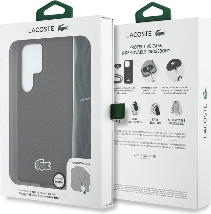 Actual product image Lacoste Case Iconic Petit Pique Woven Logo CBDY Strap MagSafe to Samsung Galaxy S25 Ultra black