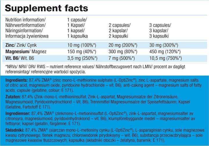 Valori nutrizionali e ingredienti Olimp Sport Nutrition ZMA (T-Activazione) 120 Caps (120 Pezzo/i, Pillole, 111.60 g)
