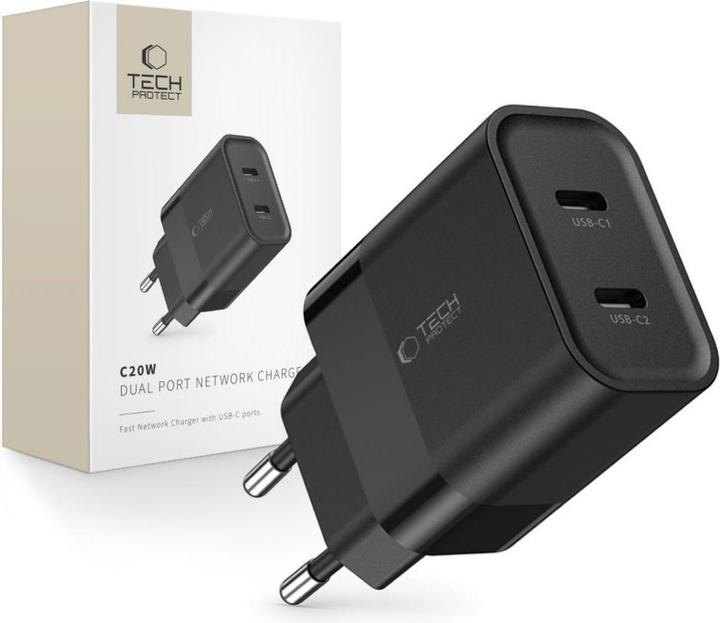 Tech-Protect C20W mains charger 2x USB-C PD 20W - black (20 W)