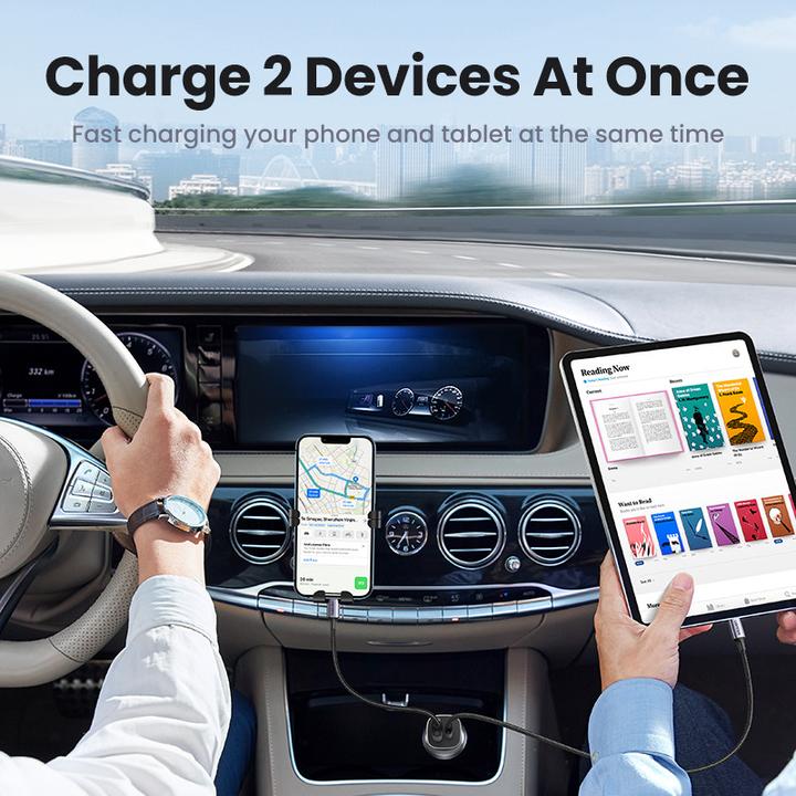 Actual product image Ugreen CD130 Car Charger, USB-A+PD 3.0, USB-C, QC3.0 30W (Grey)