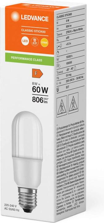 Produktbild Ledvance LED STICK60 8W 827 FR E27 P LEDV (E27, 8 W, 806 lm, 10 x, F)