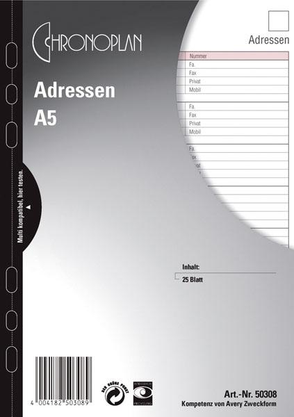 Actual product image Chronoplan Addresses sheet (A5, German)
