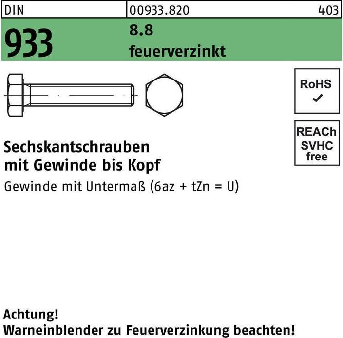 Produktbild Reyher Sechskantschraube DIN 933 VG M 24 x 130 8.8 feuerverzinkt (10 Schrauben pro Stück)