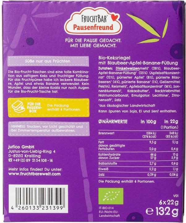 Valeurs nutritives et ingrédients Fruchtbar Riegel Fruchttasche (132 g)