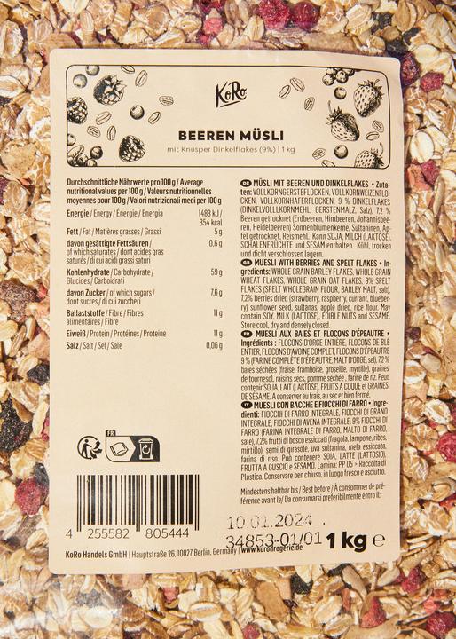 Actual product image KoRo Muesli with berries and spelt flakes (1000 g)