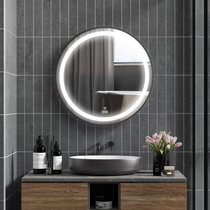 Actual product image Swisshandel24 Bathroom mirror, LED lighting, dimmable, 3 light colours, metal frame, Ø60 cm, black (Ø 60 cm)