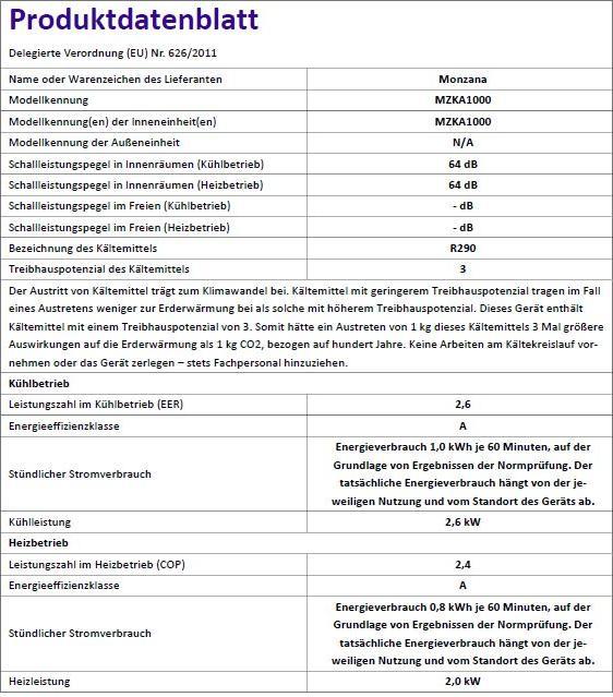 Image du produit Monzana MZKA1000 (9000 BTU/h)