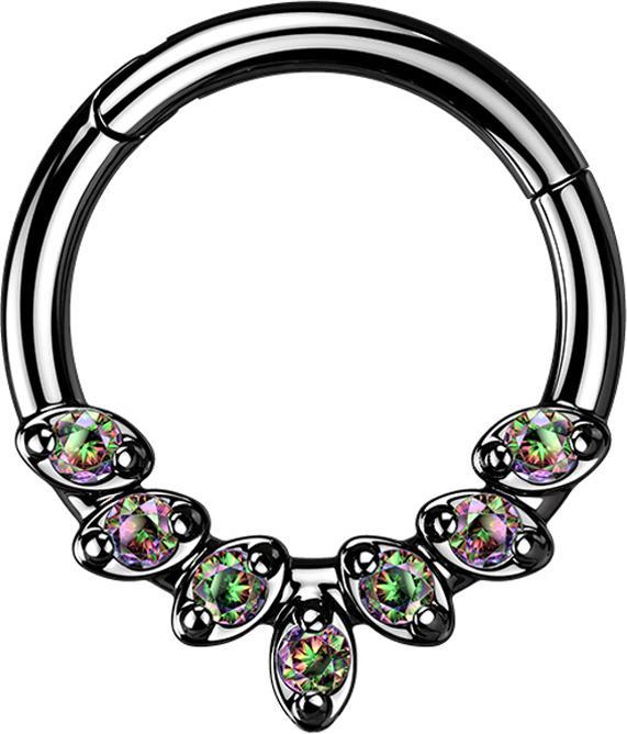 Star Piercing Micro Segmentring klappbar schwarz sieben Kristallblätter dunkel multicolor (ohne Messing, Chirurgenstahl 316L)