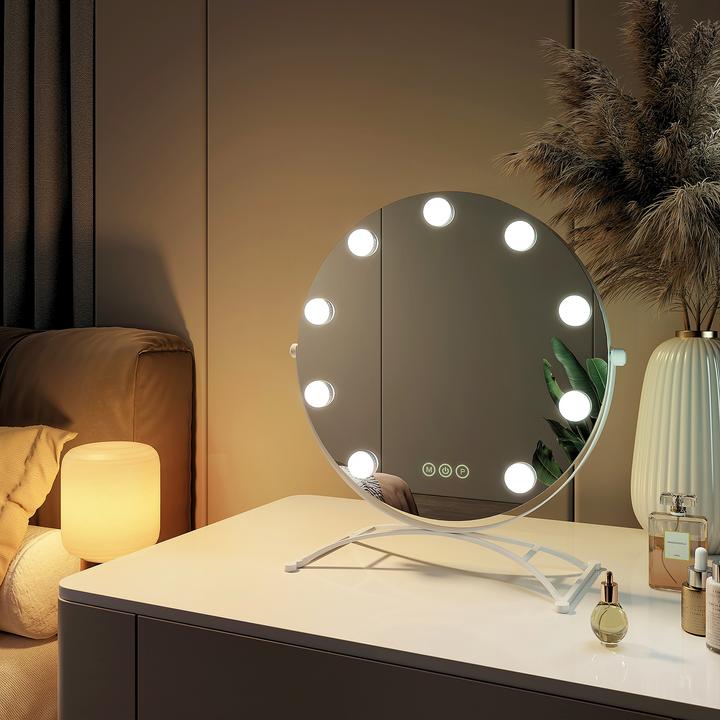 Produktbild Emke Hollywood Kosmetikspiegel(Rund) mit 11 Lampen, 1X+7X Vergrösserung, 3 Farbtemperatur, 40*47cm,Weiss