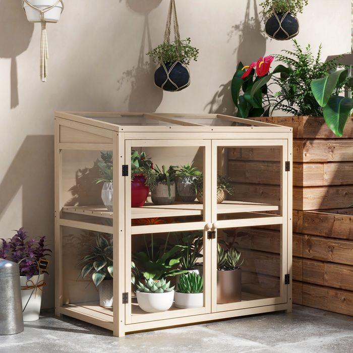 Image du produit Swisshandel24 Serre en bois à 2 étages avec double porte et fenêtre de toit, étanche au vent, nature, 103x61x103cm