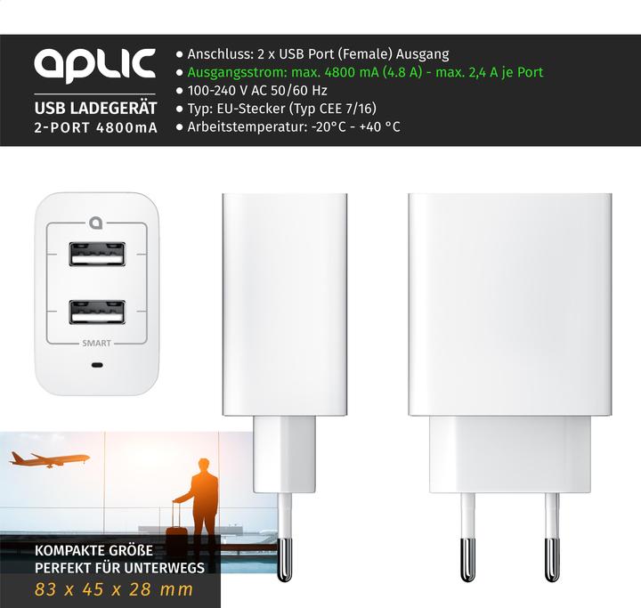 Produktbild Aplic USB Ladegerät 4800 mA, 2 Port Netzteil für Handy/Smartphone/Tablet, 4800mA - 2400mA je Port, weiss (28 W)