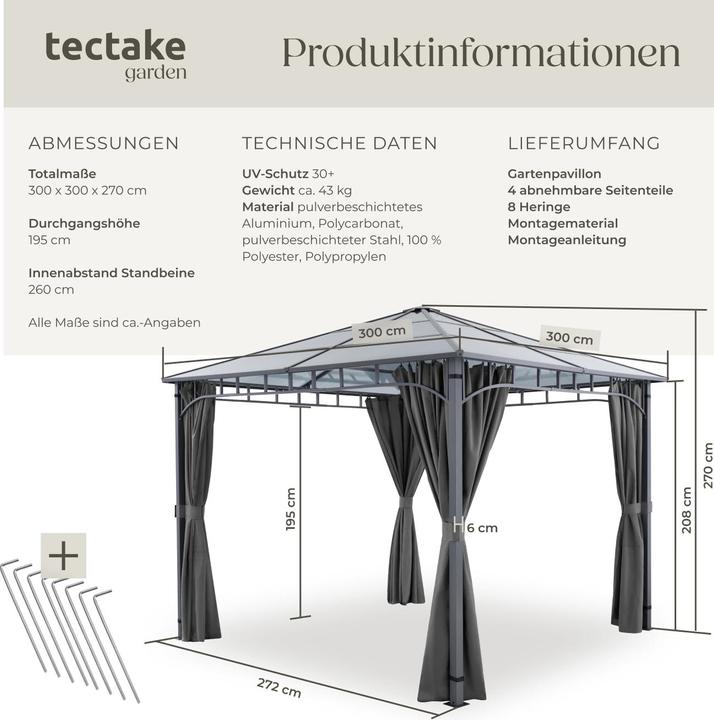 Produktbild tectake Gartenpavillon Caracas, wetterfest, Polycarbonat-Dachplatten (297 cm, 297 cm)