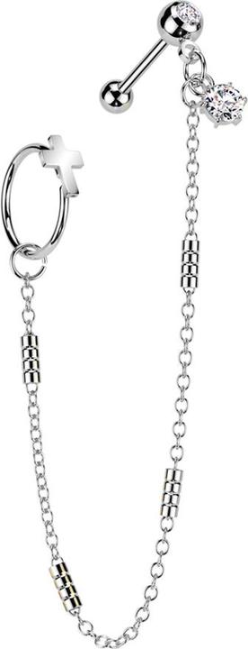 Produktbild Star Piercing Micro Barbell silber mit Kugel und Kugeln Kristall silber Verbindungskette vier Balken Ring Kreuz (Chirurgenstahl 316L, Messing)