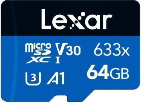 Actual product image Lexar 64GB High-Performance 633x microSDXC UHS-I, up to 100MB/s read 20MB/s write (64 GB, microSDXC, U3, UHS-I)