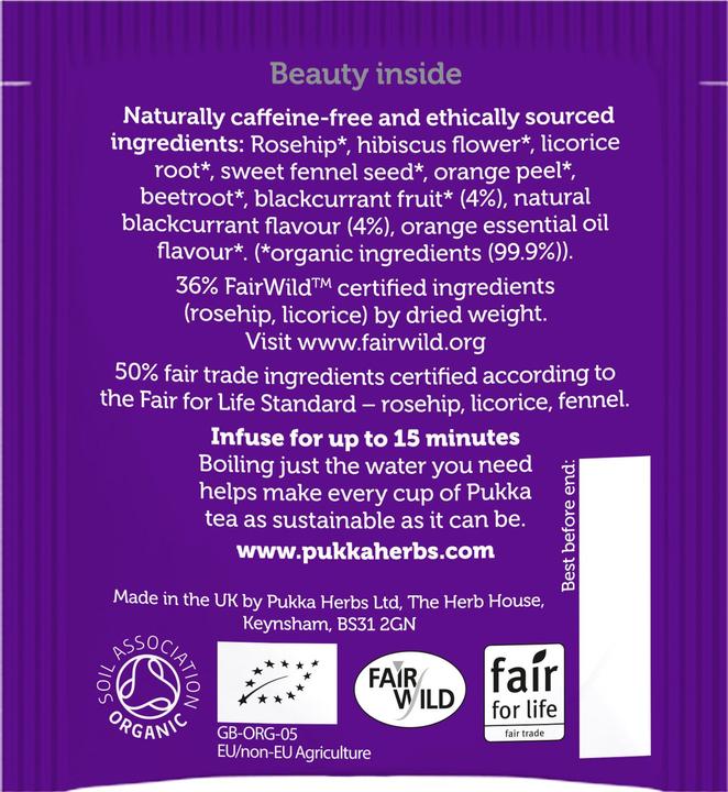 Nutritional values and ingredients Pukka Charming Cassis (38 g)