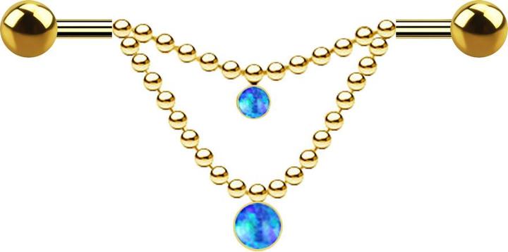 Actual product image Star Piercing Barbell gold-plated two balls two chains opal blue (without brass, Surgical steel 316L)