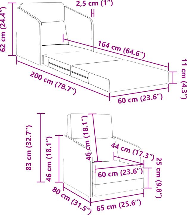 Produktbild VidaXL Fussboden Schlafsofa 2-in-1 Weinrot 65x80x83 cm Stoff (1.5-Sitzer)