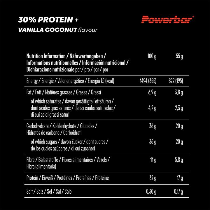 Valeurs nutritives et ingrédients Powerbar ProteinPlus 30% de protéines (Vanille, Noix de coco, 15 pcs, 825 g)
