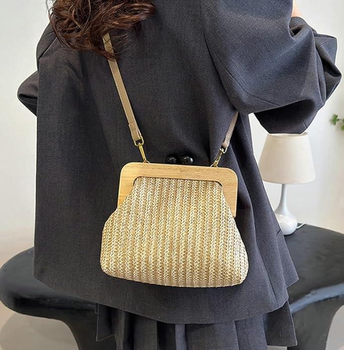 Produktbild Only-Bags.Store Vintage Woven Crossbody Bag, bunt gestreifte Shell Clutch, Holzschnappverschluss