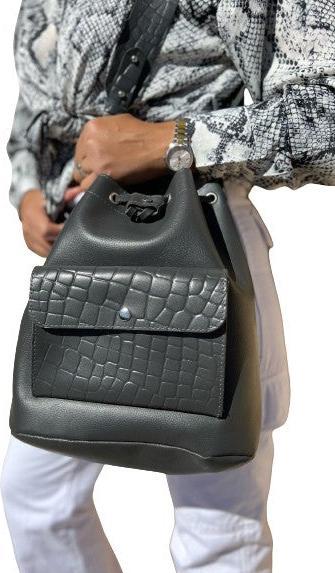 Only-Bags.Store Leder Bucket Bag, Lederhandtasche, graue Handtasche, Bucket Purse, Umhängetasche, aus