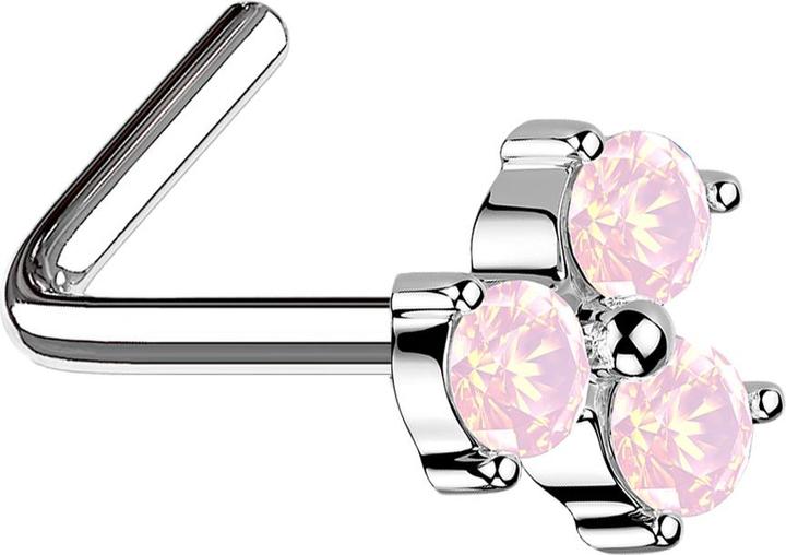 Actual product image Star Piercing Nose stud angled silver trefoil flower Opalite pink (Brass, Surgical steel 316L)