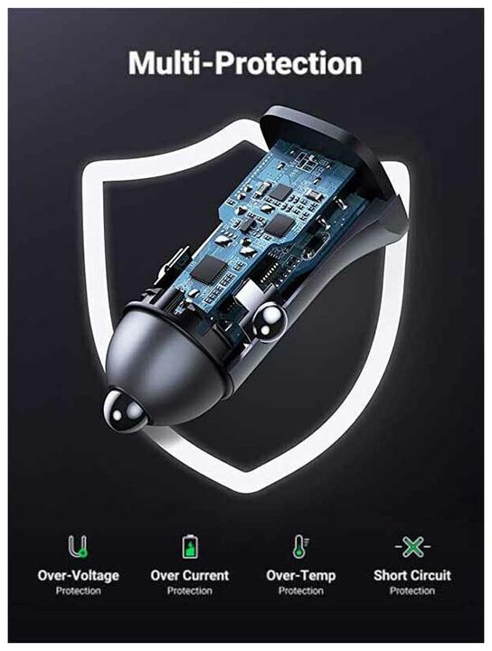 Actual product image Ugreen CD130 Car Charger, USB-A+PD 3.0, USB-C, QC3.0 30W (Grey)