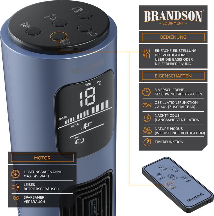 Produktbild Brandson Turmventilator, Oszillation 65°, Timer, Fernbedienung, Standventilator 96cm, Blau (48 dB)