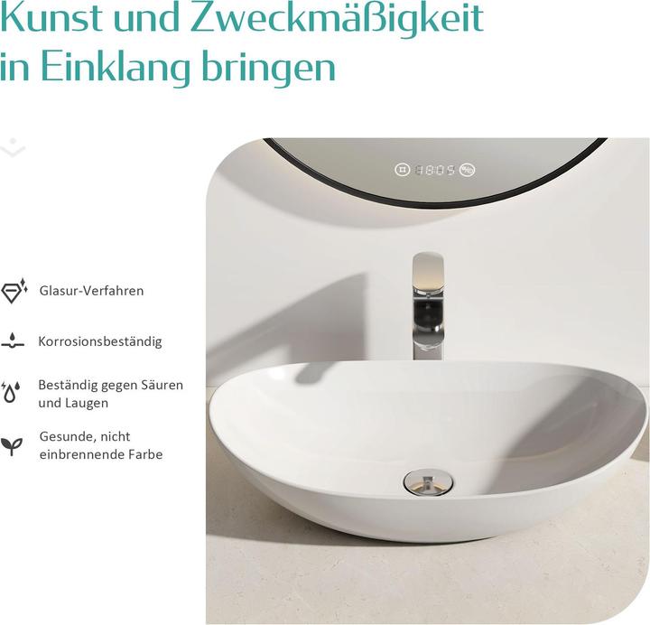 Image du produit Emke Lavabo à poser, Vasque ovale, Céramique, Blanc Brillant, sans trou pour robinet, 615x350x155mm (360 mm, 615 mm)
