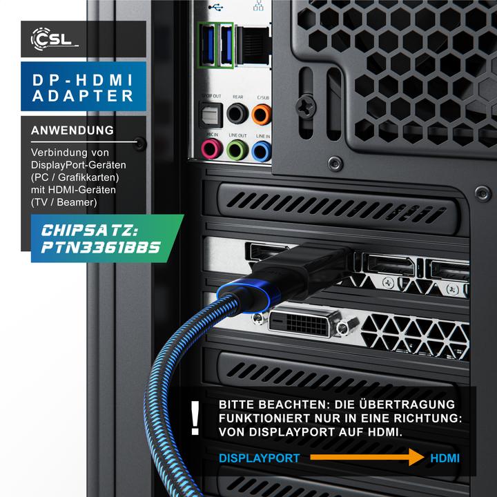 Produktbild CSL DisplayPort auf HDMI Adapter, Audio Video Adapter, DP Adapter mit Audioübertragung, Full HD 1080p (HDMI, 2.15 cm)