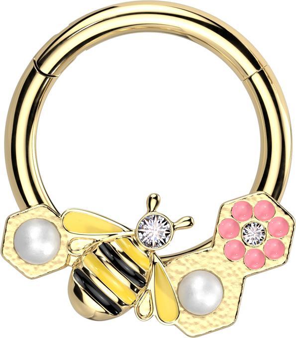 Star Piercing Micro Segmentring klappbar vergoldet Biene und Blumen (Chirurgenstahl 316L, Messing)