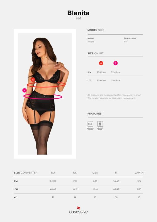 Actual product image Obsessive Blanita 3-piece Lace Suspender set - Black (S/M)