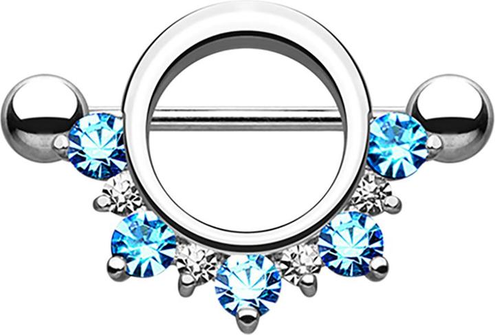 Star Piercing Barbell rund mit unterschiedlichen Kristallen auqa (ohne Messing, Chirurgenstahl 316L)