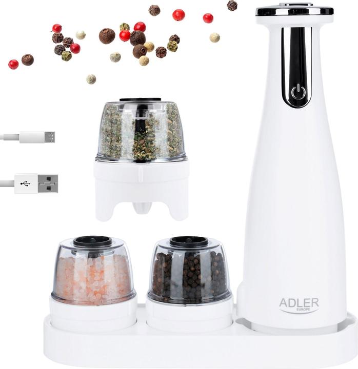 Actual product image Adler Electric Salt and pepper grinder AD 4449w 7 W, Housing material ABS plastic, Lithium, Matte White (Various spices)