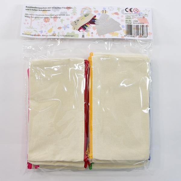 Produktbild Kögler Baumwollmäppchen zum Bemalen, Set mit 15 Mäppchen, 15 Stiften und 5 Schablonen, 20x12x0,5cm