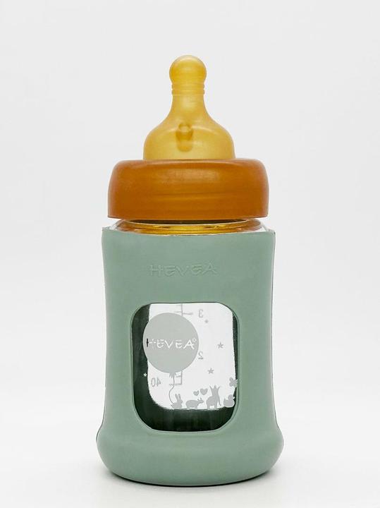 Image du produit Hevea Biberon en verre avec revêtement en caoutchouc / col large (150 ml) / Seafoam Blue (150 ml)