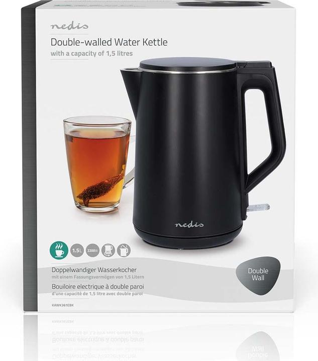 Produktbild Nedis Wasserkocher | 1.5 l | Plastik | Schwarz | Um 360 Grad drehbar | Verdecktes Heizelement | Stri (1.50 l)