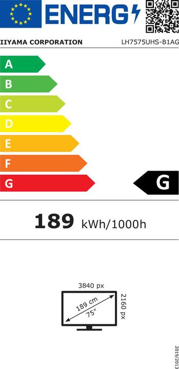 Energielabel iiyama 75 INCH DALLE IPS 4K UHD 3840X2160 8MS 24/7 500CD/M2 1200: 1 3XHDM (3840 x 2160 Pixels, 75")