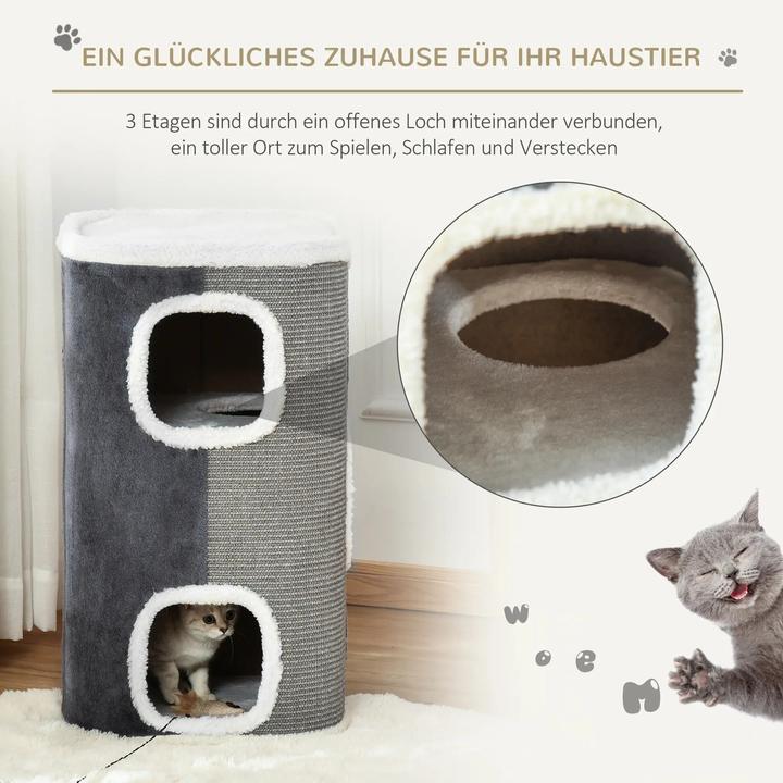 Actual product image PawHut Scratching barrel for cats 3 levels chipboard velvety grey+white 40x40x74cm (74 cm, Grey)