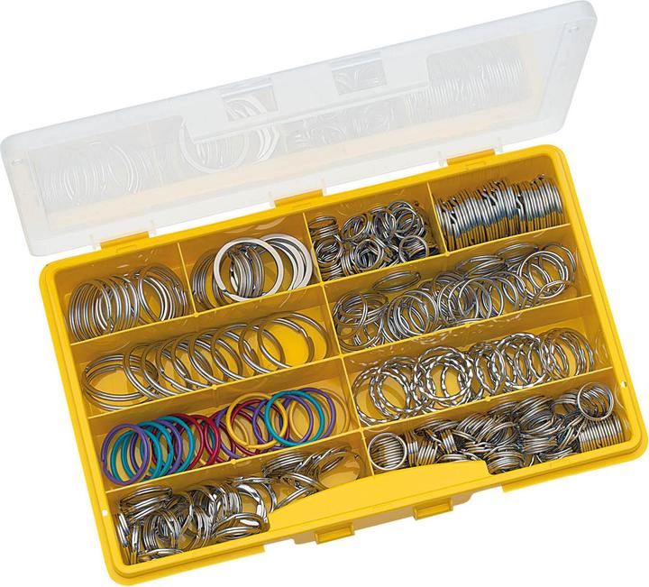 Actual product image Wedo Metal spanner rings in an assortment box of 300 bright nickel-plated metal rings made from hardened