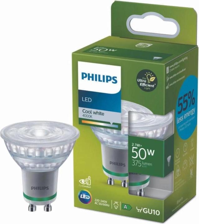 Productafbeelding Philips Klassieke ultra-efficiënte LED lamp met energie-efficiëntieklasse A, vervangt 50W, GU10 voet, ka (GU10, 2.10 W, 375 lm, 1 x, B)