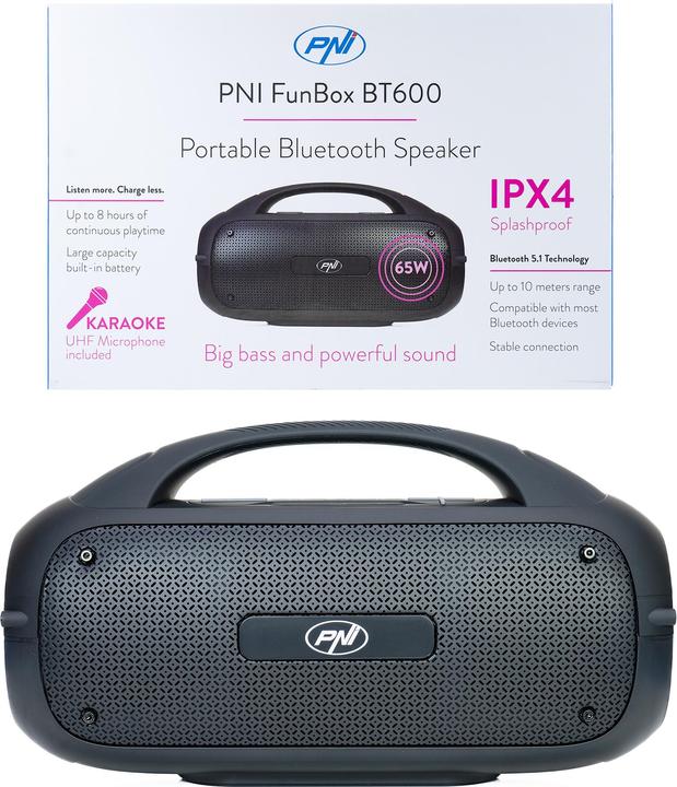Produktbild PNI Tragbarer Lautsprecher FunBox BT600, mit Bluetooth, 65 W, MP3-Player, Kartenleser, USB, kabellos (8 h, Akkubetrieb)