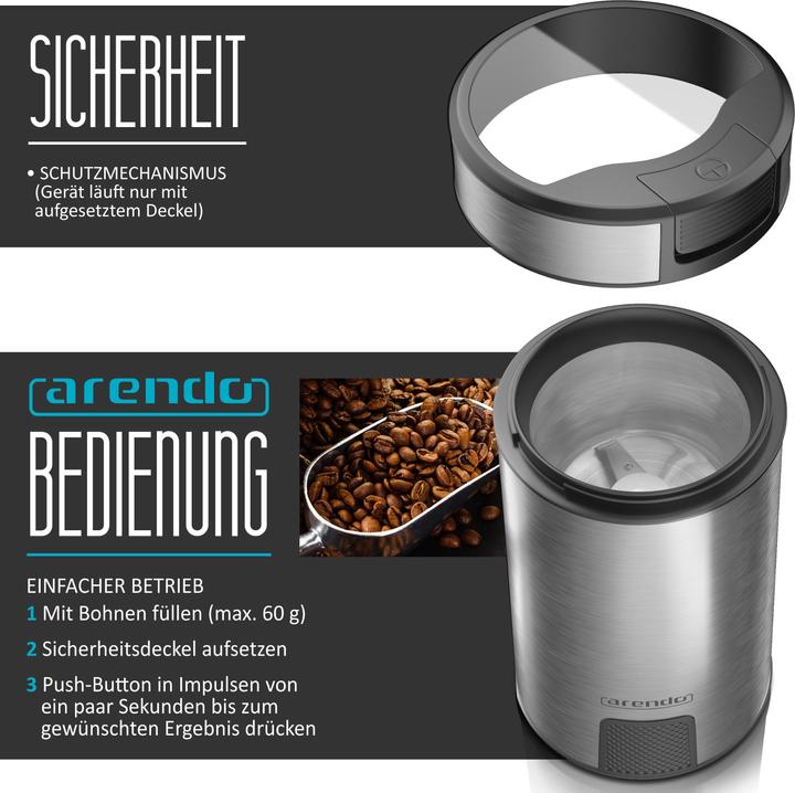 Produktbild Arendo Elektrische Kaffeemühle Edelstahl, Gewürzmühle Coffee Grinder Schrotmühle, Edelstahlmesser