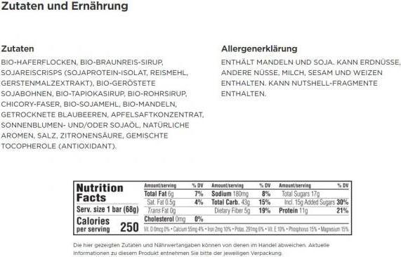 Valeurs nutritives et ingrédients Clif Bar Barres énergétiques (Baies, Myrtille, 12 pcs, 816 g)