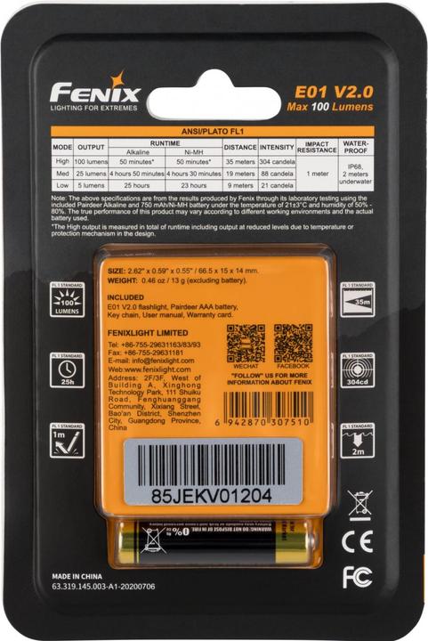 Immagine prodotto Fenix E01 V2.0 (6.65 cm, 100 lm)