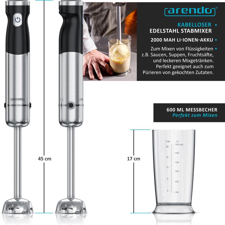 Produktbild Arendo Stabmixer Kabellos, Edelstahl, DC Pürierstab mit Akku, 600ml Messbecher, ohne Kabel, Akkubetrieb