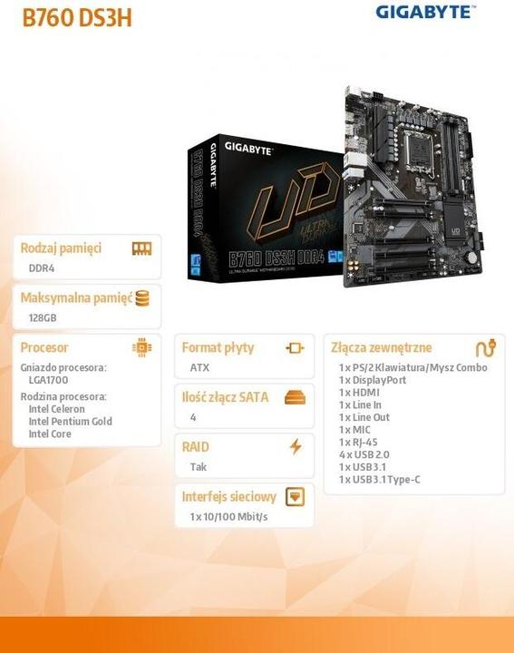 Produktbild Gigabyte B760 DS3H (LGA 1700, Intel B760 Express, ATX)