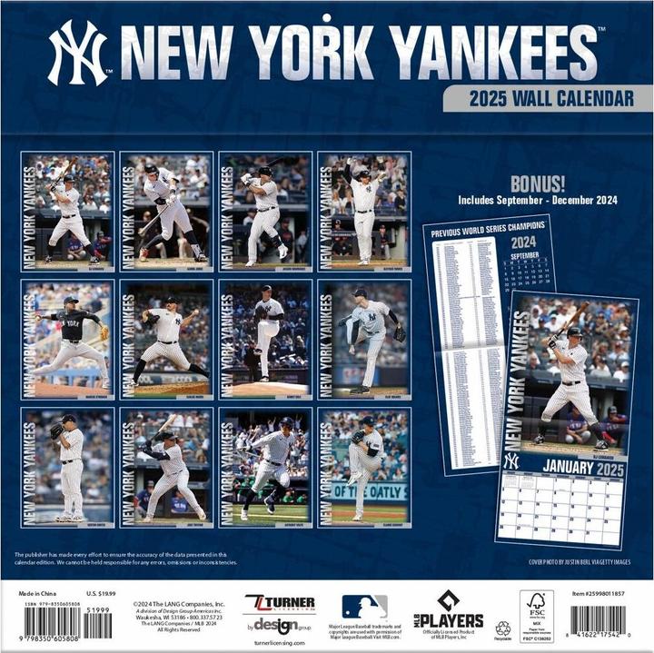 Immagine prodotto MLB - New York Yankees - Calendario da parete della squadra 2025 30,5 x 30,5 cm (30,5 x 30,5 cm, Francese, Italiano, Spagnolo, Tedesco, Inglese)