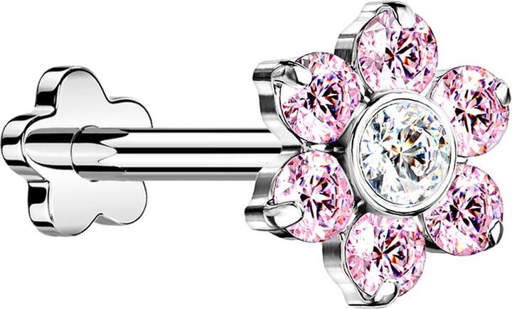 Actual product image Star Piercing Micro threadless labret flower silver flower crystals pink (Titanium G23, without brass)
