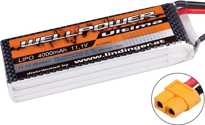 Immagine prodotto Wellpower Batteria Lipo Ultima 4000 mAh / 11,1 Volt 3S 25/50C CH3/5 XT-60 (11.10 V, 4000 mAh)